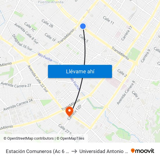 Estación Comuneros (Ac 6 - Ak 30) to Universidad Antonio Nariño map