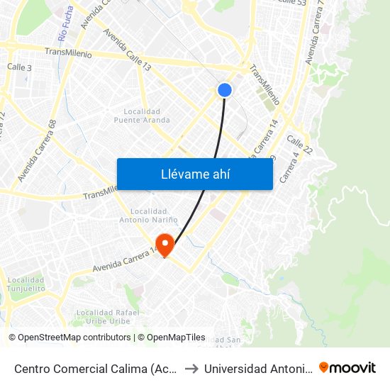 Centro Comercial Calima (Ac 22 - Kr 29a) to Universidad Antonio Nariño map