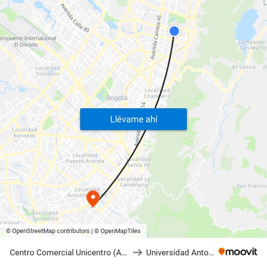 Centro Comercial Unicentro (Ak 15 - Cl 124) (B) to Universidad Antonio Nariño map