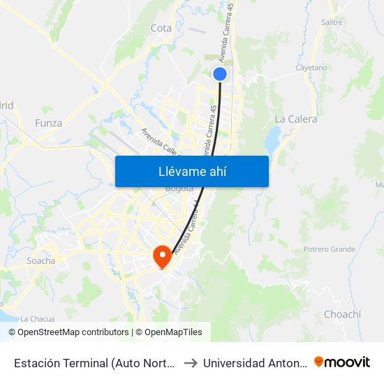 Estación Terminal (Auto Norte - Cl 191) (A) to Universidad Antonio Nariño map