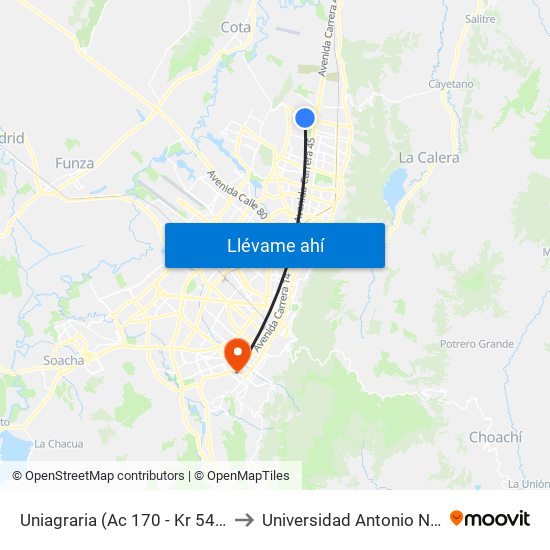 Uniagraria (Ac 170 - Kr 54a) (B) to Universidad Antonio Nariño map