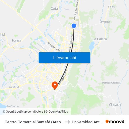 Centro Comercial Santafé (Auto Norte - Cl 187) (A) to Universidad Antonio Nariño map