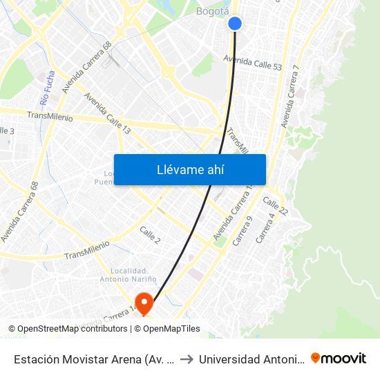 Estación Movistar Arena (Av. NQS - Cl 62) to Universidad Antonio Nariño map