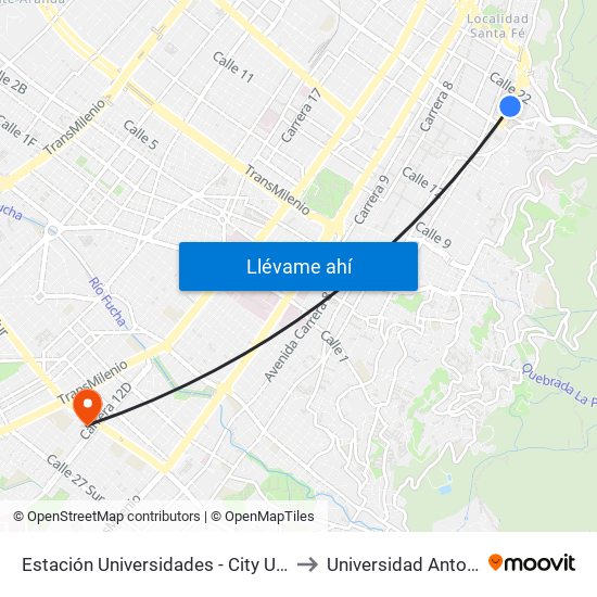 Estación Universidades (Kr 3 - Cl 20) (B) to Universidad Antonio Nariño map