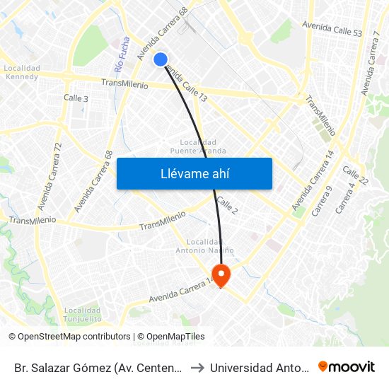 Br. Salazar Gómez (Av. Centenario - Kr 65) (A) to Universidad Antonio Nariño map