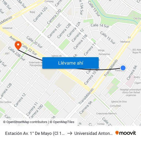 Estación Av. 1° De Mayo (Cl 17 Sur - Kr 9a) to Universidad Antonio Nariño map