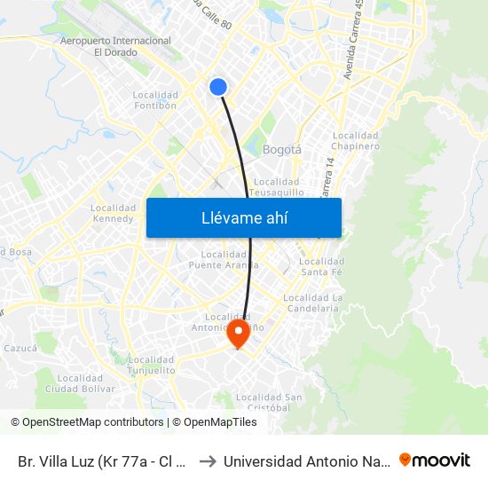 Br. Villa Luz (Kr 77a - Cl 63c) to Universidad Antonio Nariño map