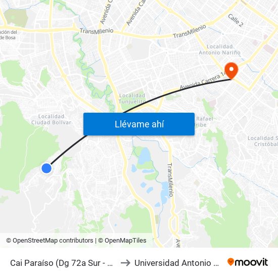 Cai Paraíso (Dg 72a Sur - Kr 72n) to Universidad Antonio Nariño map