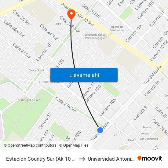 Estación Country Sur (Ak 10 - Cl 27a Sur) to Universidad Antonio Nariño map
