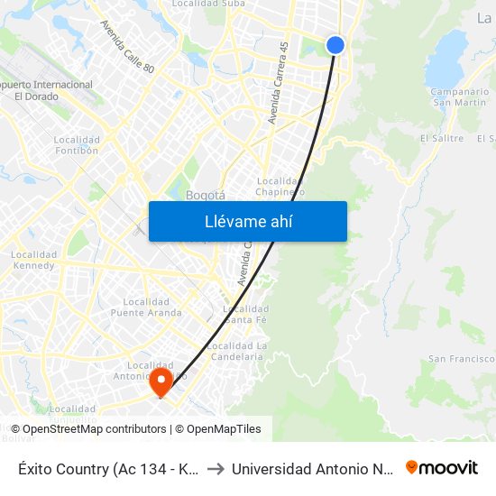 Éxito Country (Ac 134 - Kr 9b) to Universidad Antonio Nariño map