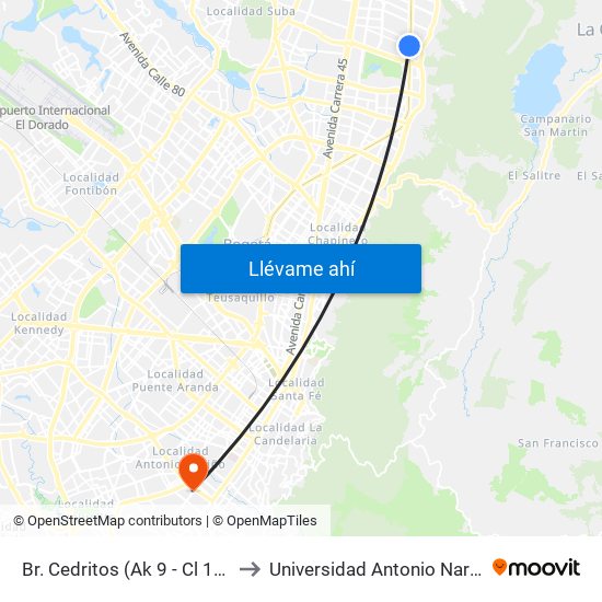 Br. Cedritos (Ak 9 - Cl 140) to Universidad Antonio Nariño map