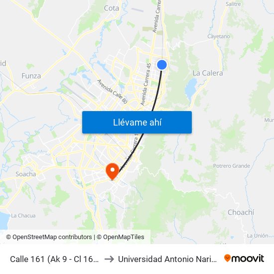 Calle 161 (Ak 9 - Cl 161) to Universidad Antonio Nariño map
