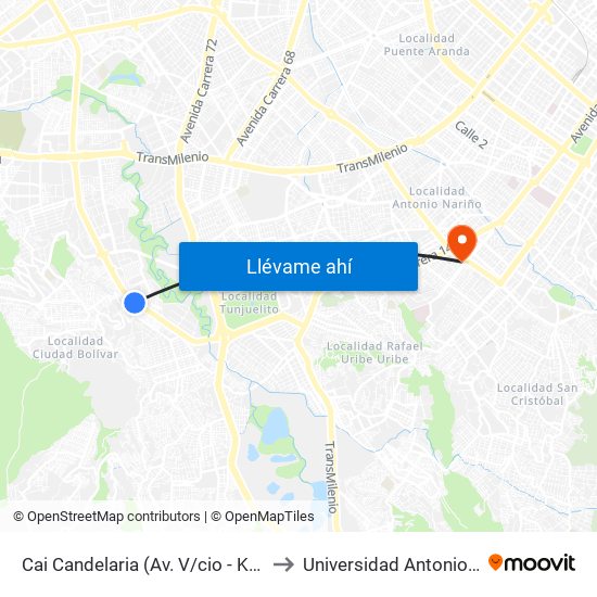 Cai Candelaria (Av. V/cio - Kr 43b) (A) to Universidad Antonio Nariño map