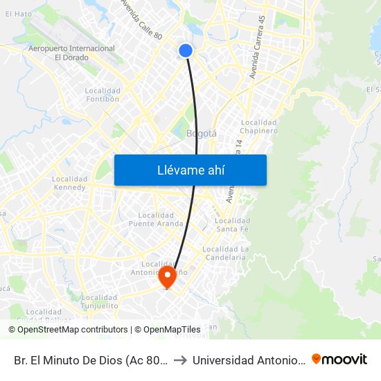 Br. El Minuto De Dios (Ac 80 - Kr 73b) to Universidad Antonio Nariño map