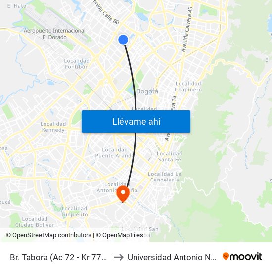 Br. Tabora (Ac 72 - Kr 77a) (A) to Universidad Antonio Nariño map