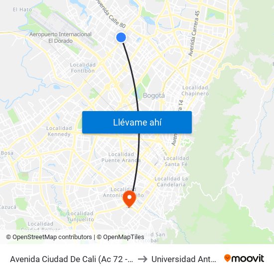 Avenida Ciudad De Cali (Ac 72 - Av. C. De Cali) (C) to Universidad Antonio Nariño map