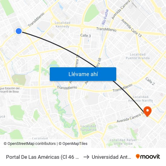 Portal De Las Américas (Cl 46 Sur - Av. C. De Cali) to Universidad Antonio Nariño map