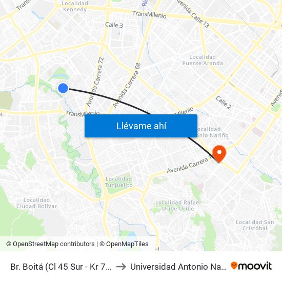 Br. Boitá (Cl 45 Sur - Kr 72m) to Universidad Antonio Nariño map