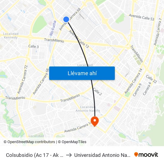 Colsubsidio (Ac 17 - Ak 68) to Universidad Antonio Nariño map
