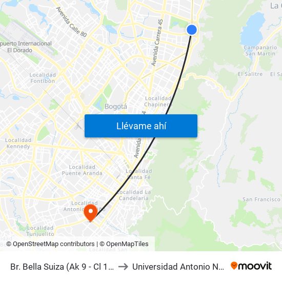 Br. Bella Suiza (Ak 9 - Cl 127b) to Universidad Antonio Nariño map