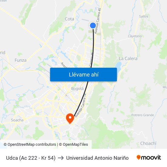 Udca (Ac 222 - Kr 54) to Universidad Antonio Nariño map