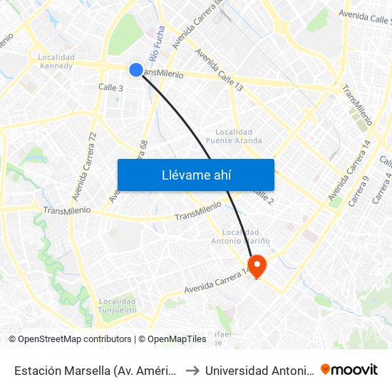 Estación Marsella (Av. Américas - Kr 69b) to Universidad Antonio Nariño map