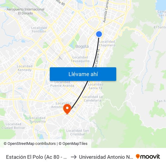 Estación El Polo (Ac 80 - Kr 27) to Universidad Antonio Nariño map