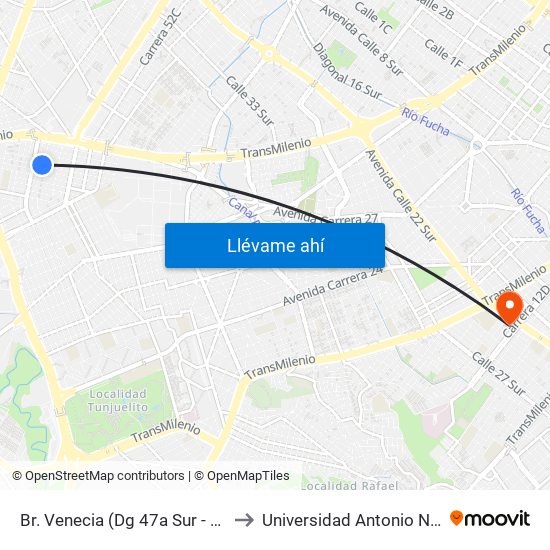 Br. Venecia (Dg 47a Sur - Kr 53) to Universidad Antonio Nariño map