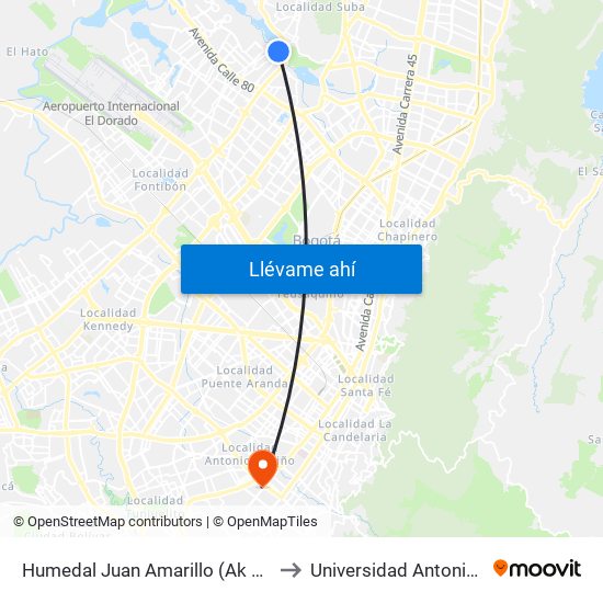 Humedal Juan Amarillo (Ak 91 - Cl 96a) to Universidad Antonio Nariño map