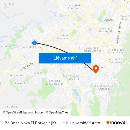 Br. Bosa Nova El Porvenir (Kr 87c - Cl 60 Sur) to Universidad Antonio Nariño map