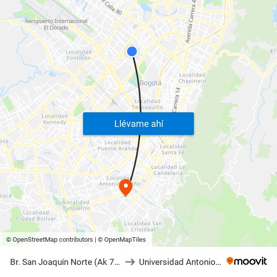 Br. San Joaquín Norte (Ak 70 - Cl 65) to Universidad Antonio Nariño map