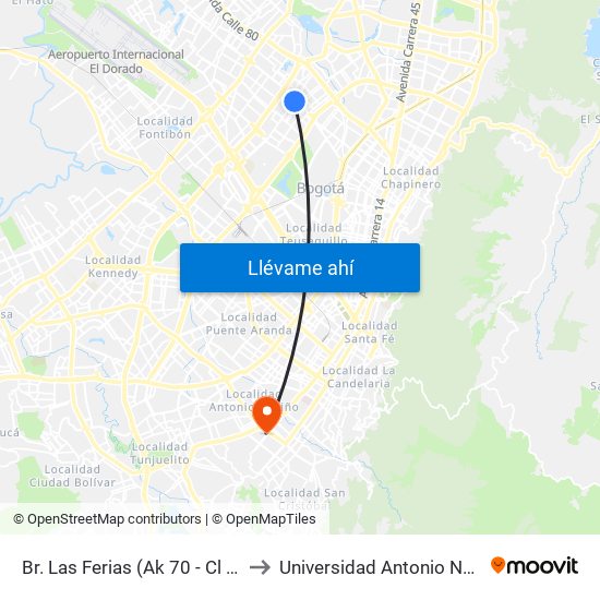 Br. Las Ferias (Ak 70 - Cl 71a) to Universidad Antonio Nariño map