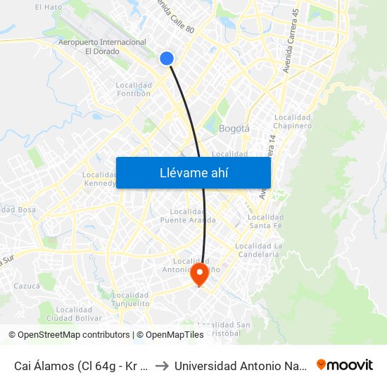 Cai Álamos (Cl 64g - Kr 92) to Universidad Antonio Nariño map