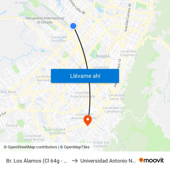 Br. Los Álamos (Cl 64g - Kr 92) to Universidad Antonio Nariño map