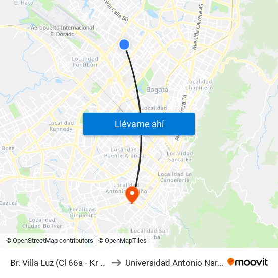 Br. Villa Luz (Cl 66a - Kr 78) to Universidad Antonio Nariño map