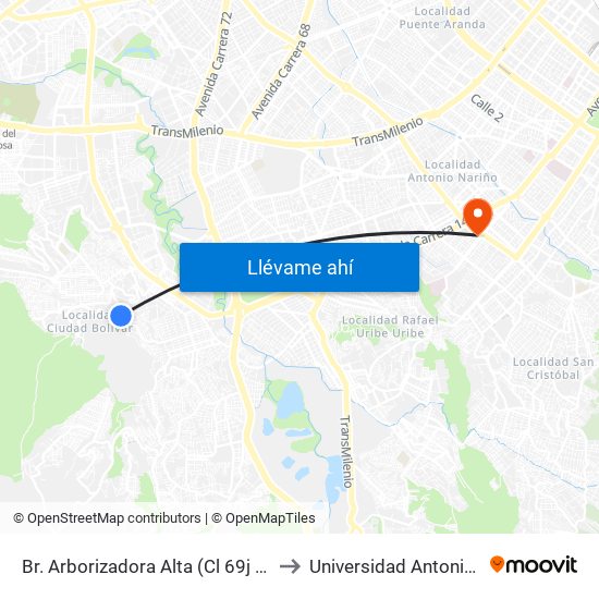 Br. Arborizadora Alta (Cl 69j Sur - Kr 32) to Universidad Antonio Nariño map