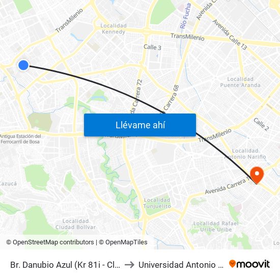 Br. Danubio Azul (Kr 81i - Cl 55 Sur) to Universidad Antonio Nariño map