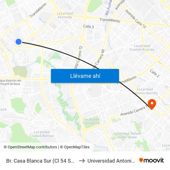 Br. Casa Blanca Sur (Cl 54 Sur - Kr 80d) to Universidad Antonio Nariño map