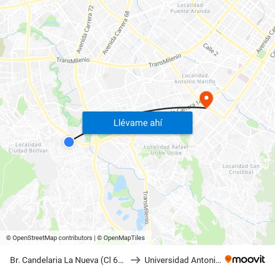 Br. Candelaria La Nueva (Cl 64 Sur - Kr 23) to Universidad Antonio Nariño map
