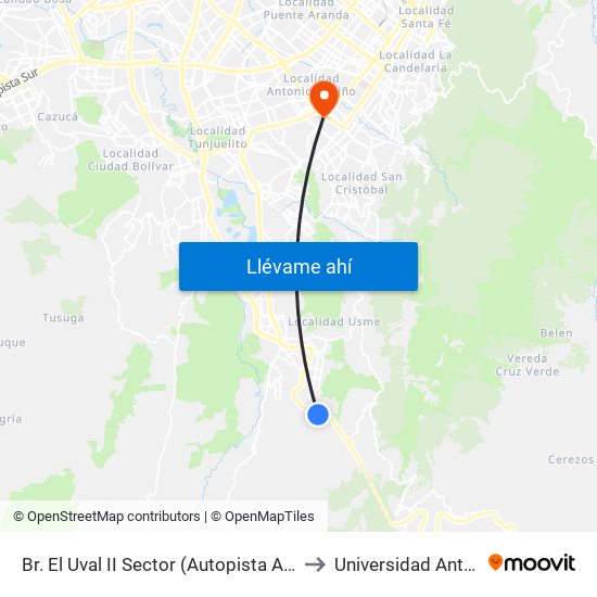 Br. El Uval II Sector (Autopista Al Llano - Kr 6b Este) to Universidad Antonio Nariño map