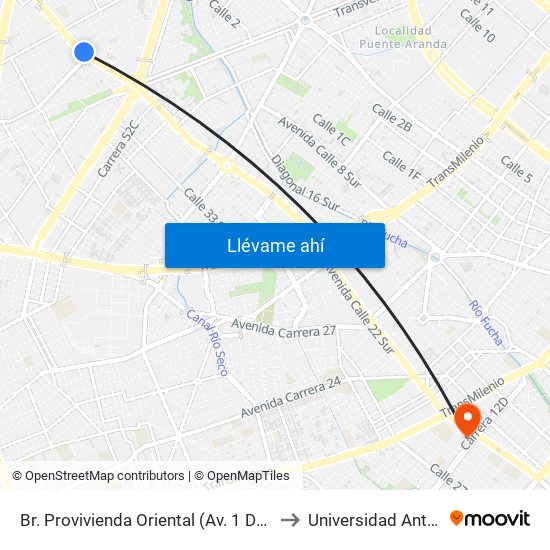 Br. Provivienda Oriental (Av. 1 De Mayo - Kr 68h) (A) to Universidad Antonio Nariño map