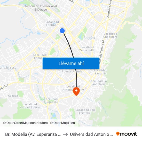 Br. Modelia (Av. Esperanza - Kr 74) to Universidad Antonio Nariño map