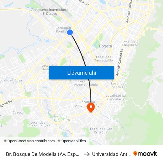 Br. Bosque De Modelia (Av. Esperanza - Av. C. De Cali) to Universidad Antonio Nariño map