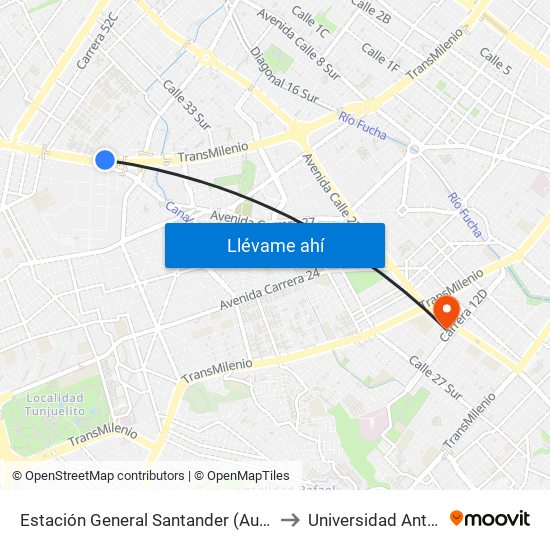 Estación General Santander (Auto Sur - Kr 50 Bis A) to Universidad Antonio Nariño map