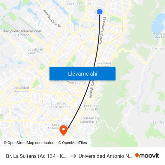 Br. La Sultana (Ac 134 - Kr 53b) to Universidad Antonio Nariño map