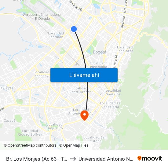 Br. Los Monjes (Ac 63 - Tv 85) to Universidad Antonio Nariño map