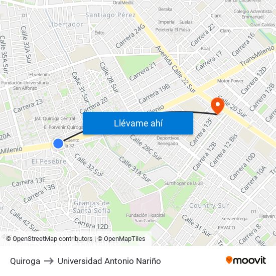 Quiroga to Universidad Antonio Nariño map