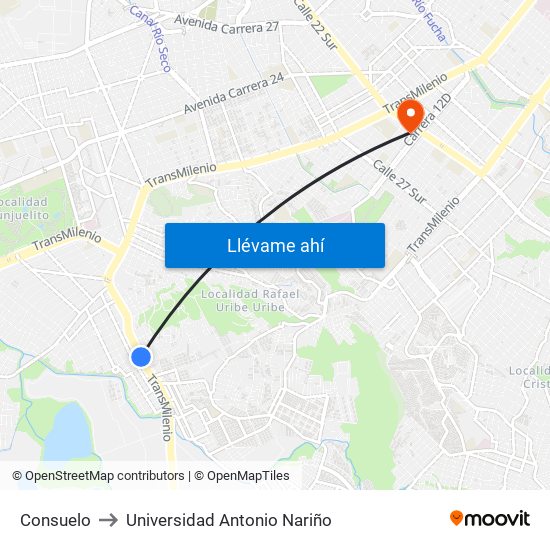 Consuelo to Universidad Antonio Nariño map