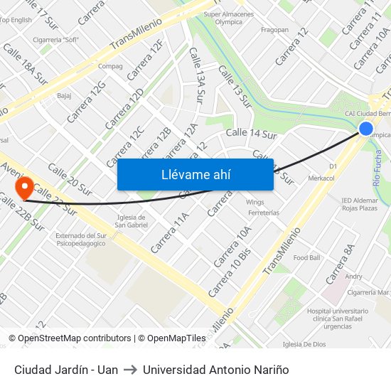 Ciudad Jardín - Uan to Universidad Antonio Nariño map