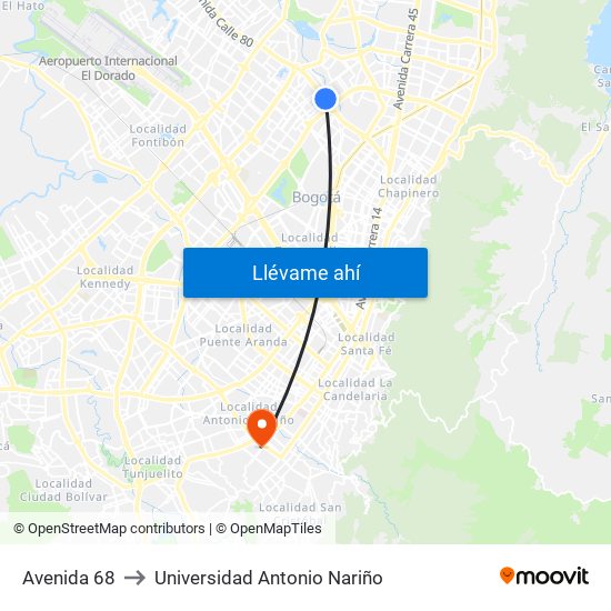 Avenida 68 to Universidad Antonio Nariño map